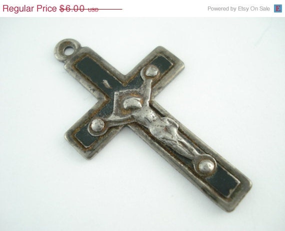 On Sale 25% Off Vintage French Silver Catholic Crucifix - Cross with Black Inlay RR43