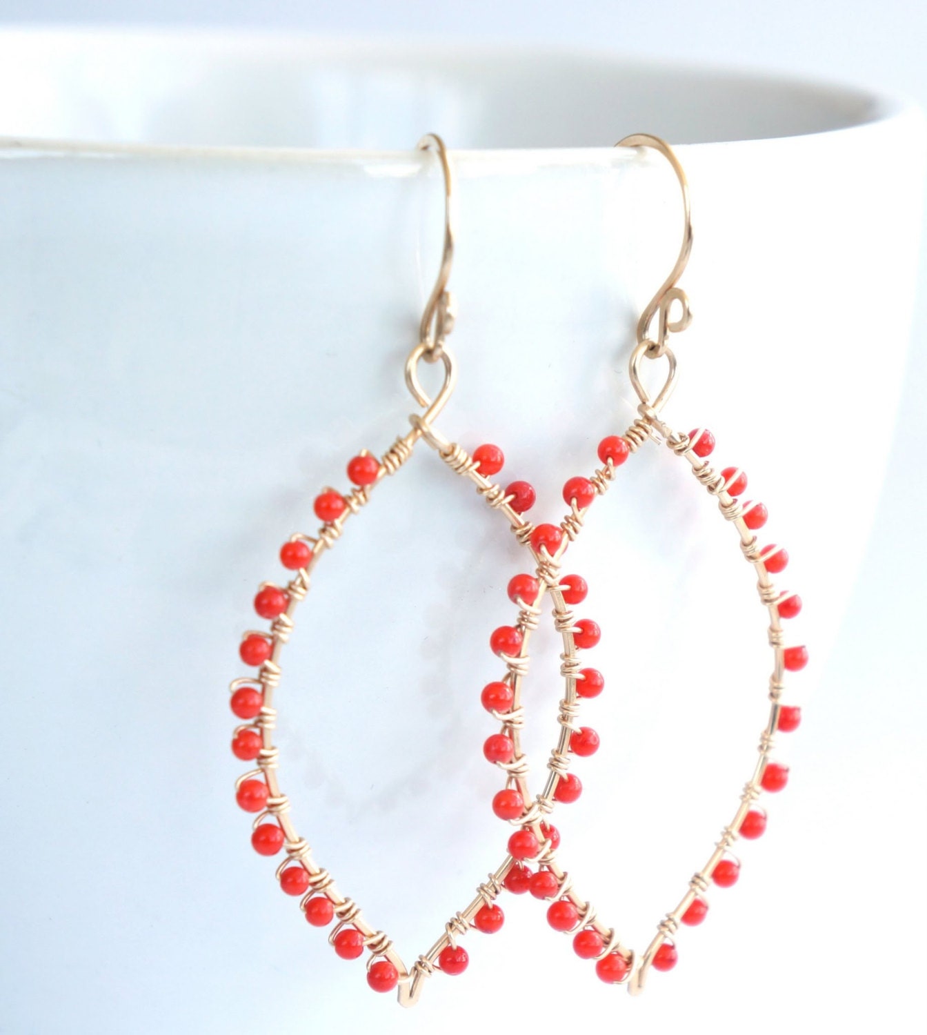 handmade 14K gold filled wire wrapped genuine red coral earrings