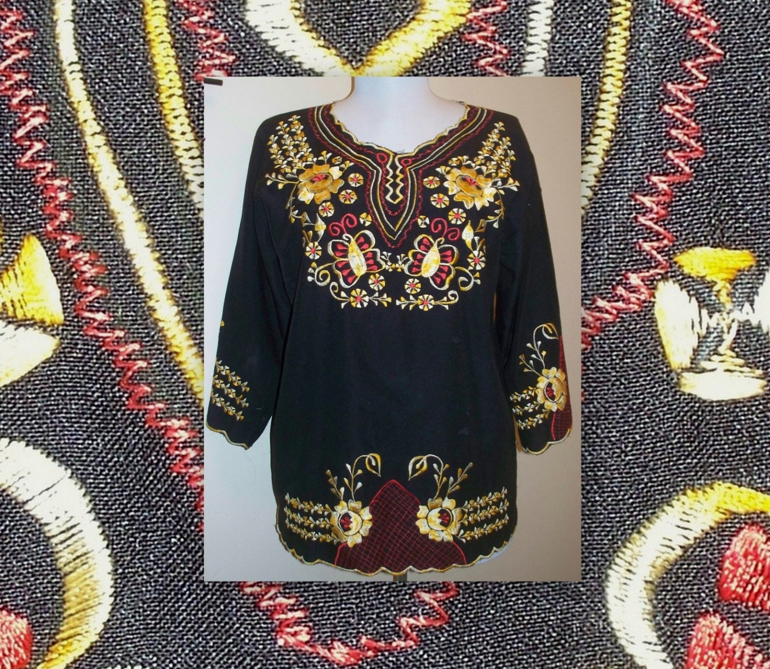 California dreaming - 70s Vintage Hippie top with hand embroidery -  bigger size -  gorgeous condition