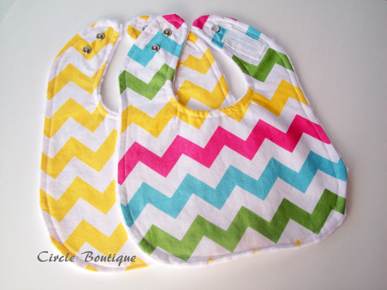 Chevron Reversible Minky Bib Set / Yellow Pink Aqua Green