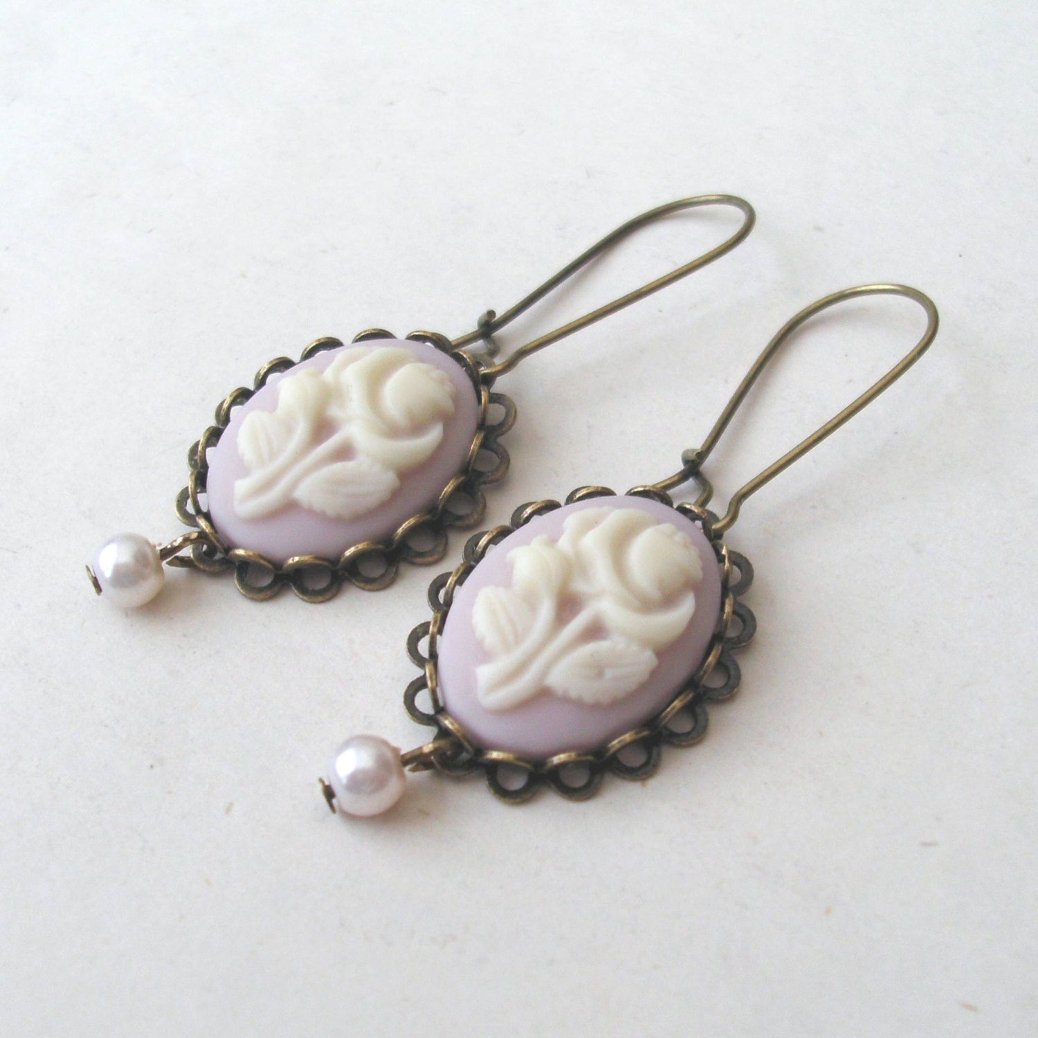 Dusky Pink Rose Earrings, Filigree Earrings, Flower Cameo Earrings, Flower Earrings, Pink Earrings, Pearl Drop Earrings
