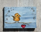 Original mixed media/ small work / Lovebird / layers /  Mini Folk Art/ Wall hanging/ Original Painting on Canvas/ Bird / Heart / Love Art/