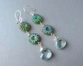 Long, Czech Glass and Aquamarine Quartz Dangle Earrings