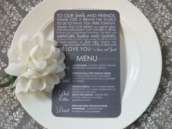 150 printed Wedding Reception Menu and Thank you - Century Feel