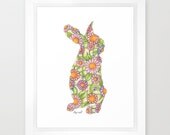 Big Daisy Bunny Art Print 8 x 10 Nursery Art Floral Art