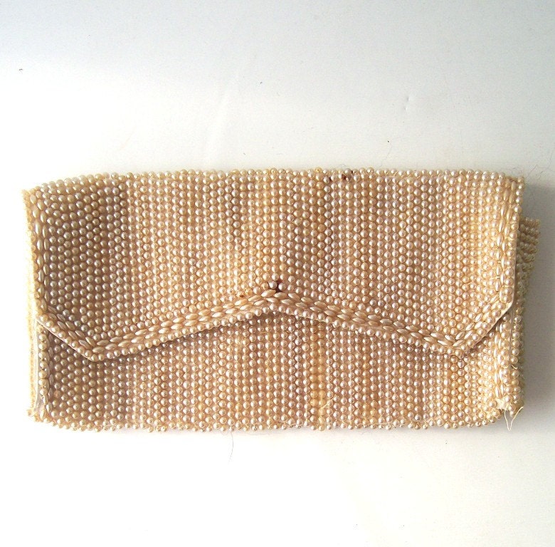 vintage beaded pearl purse clutch satin lining cream off white handbag formal accessories accessory bridal wedding bride bridesmaid