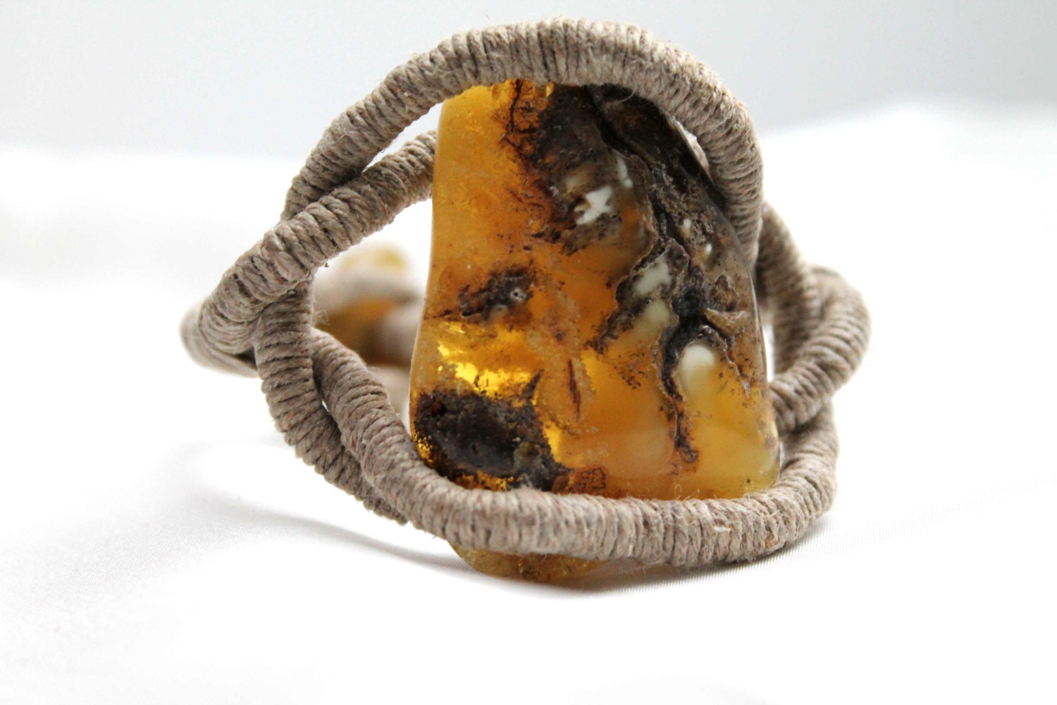 Huge Baltic Amber Linen Bracelet Honey Raw Stone Jewelry Entanglem Statement Large Big Gemstone Wrap