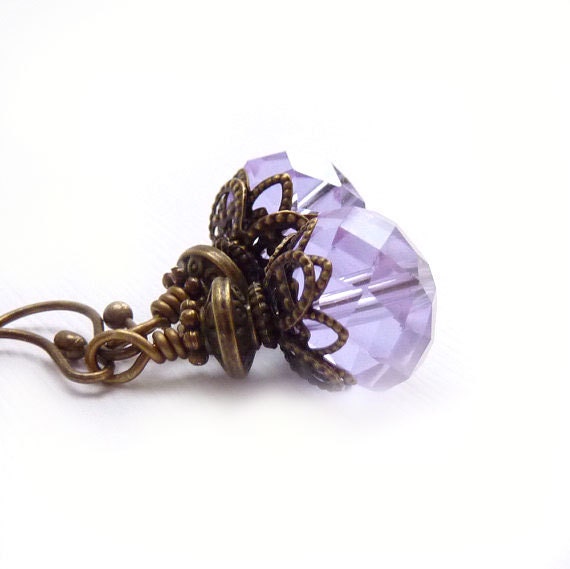 Lilac Drop Earrings, Beaded Jewelry, Bronze Vintage Style, Purple Lavender, Petite Dangles, Bridal Jewelry, Wedding Party