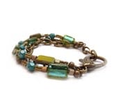Teal Bead Bracelet, Mixed Metals, Chunky Chain, Turquoise & Green Picasso Glass, Multi Strand Bracelet, Bohemian