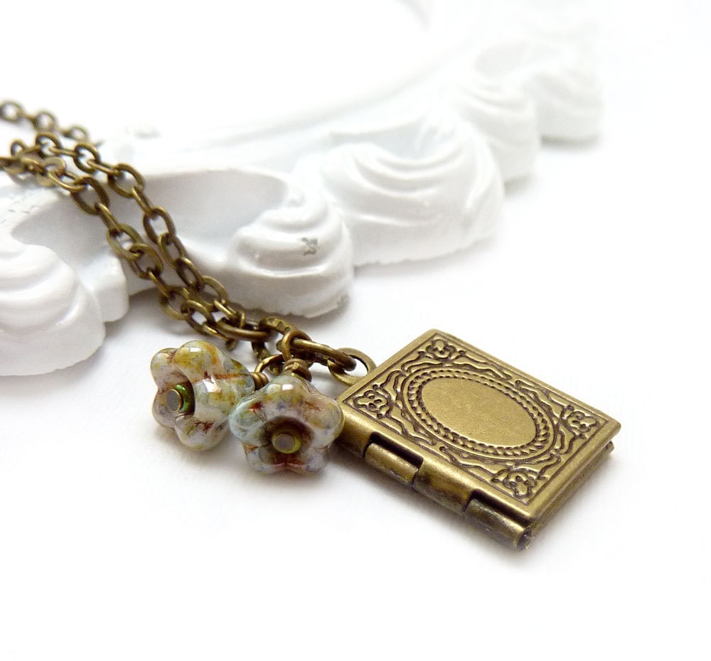 Book Locket Necklace, Graduation Gift, Antique Brass Pendant, Book of Knowledge, Photo Locket