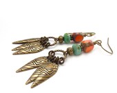 Bohemian Dangle Earrings, Orange, Turquoise Picasso Glass, Etched Bronze Teardrops, Chandelier Earrings, Funky Boho Chic