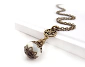 White Beaded Necklace, Antiqued Bronze, Simple Jewelry, Wedding Jewelry, Bridal Necklace