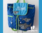 SHIPS SAME DAY-- Shark Quilted Back Pack or Diaper Bag in Blue and Green - Includes Free Personalization