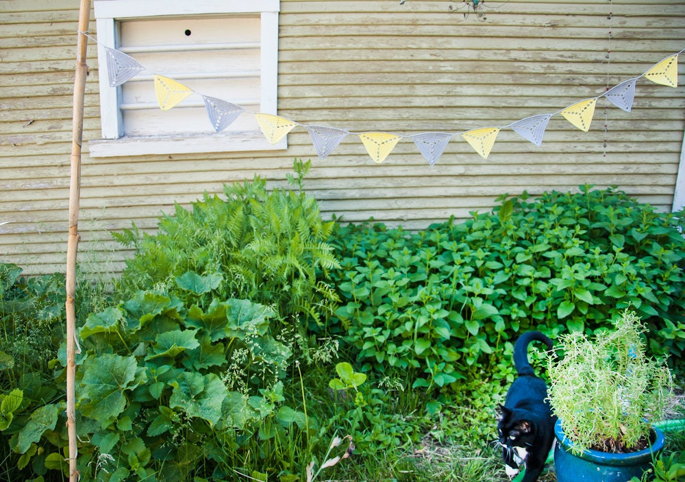 Lemon Yellow and Gray Wedding Bunting - Crochet Triangle Garland - Bridal Shower Decor