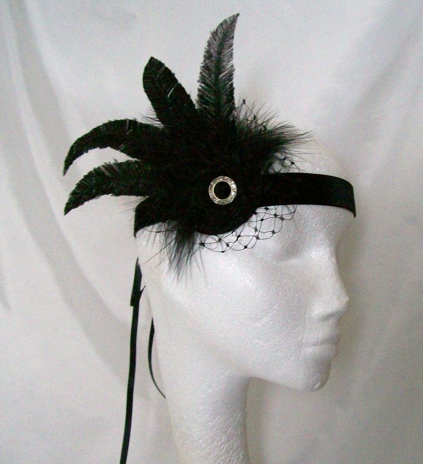 Black Ostrich Feather Merry Widow Veil 1920's Flapper Ribbon Tie Head Band - Downton Abbey Great Gatsby - Custom Made to Order