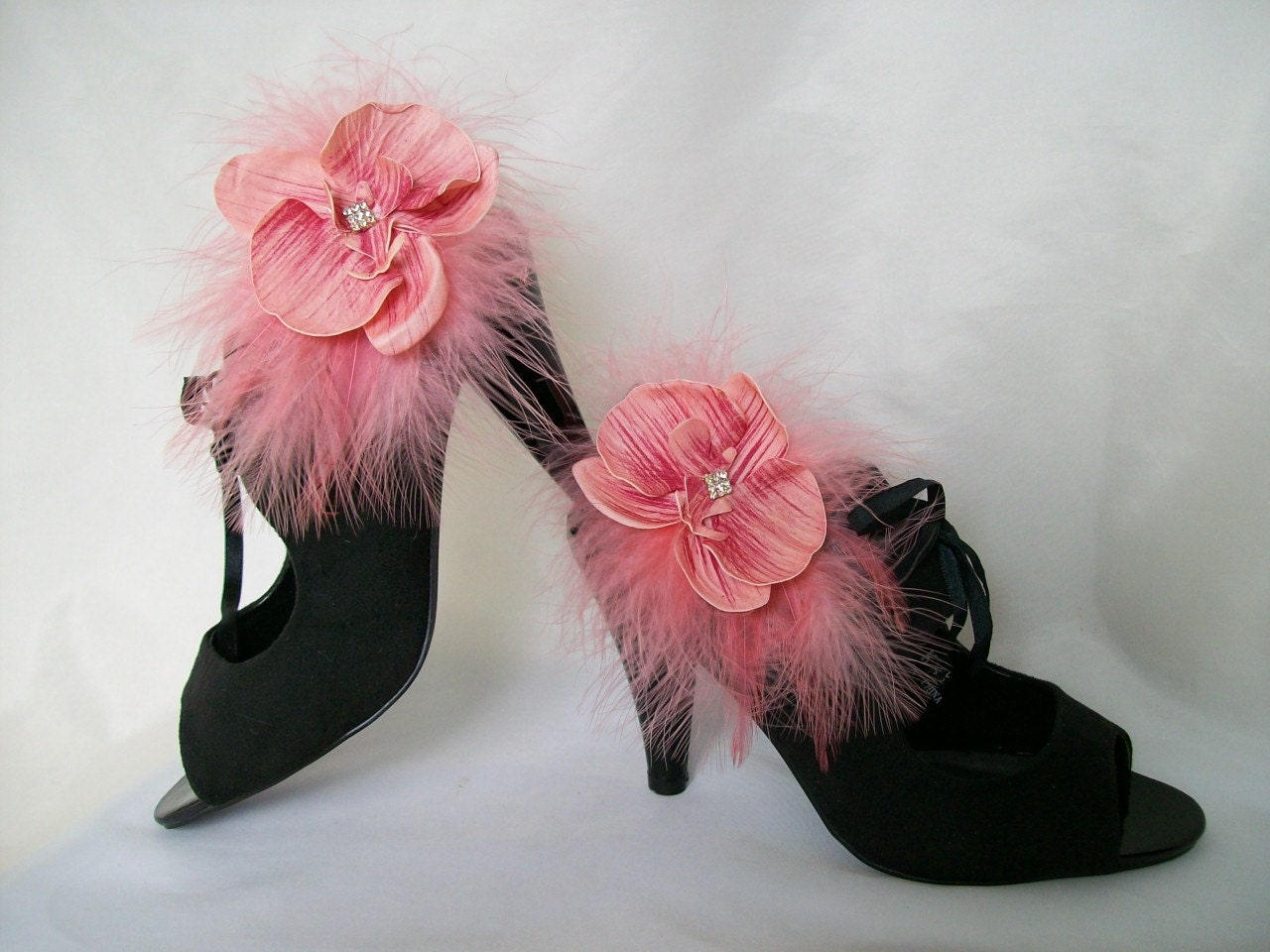 Coral Watermelon Pink Feather and Orchid Flower Rhinestone Stud Glamorous Shoe Clips Bridal Wedding Prom