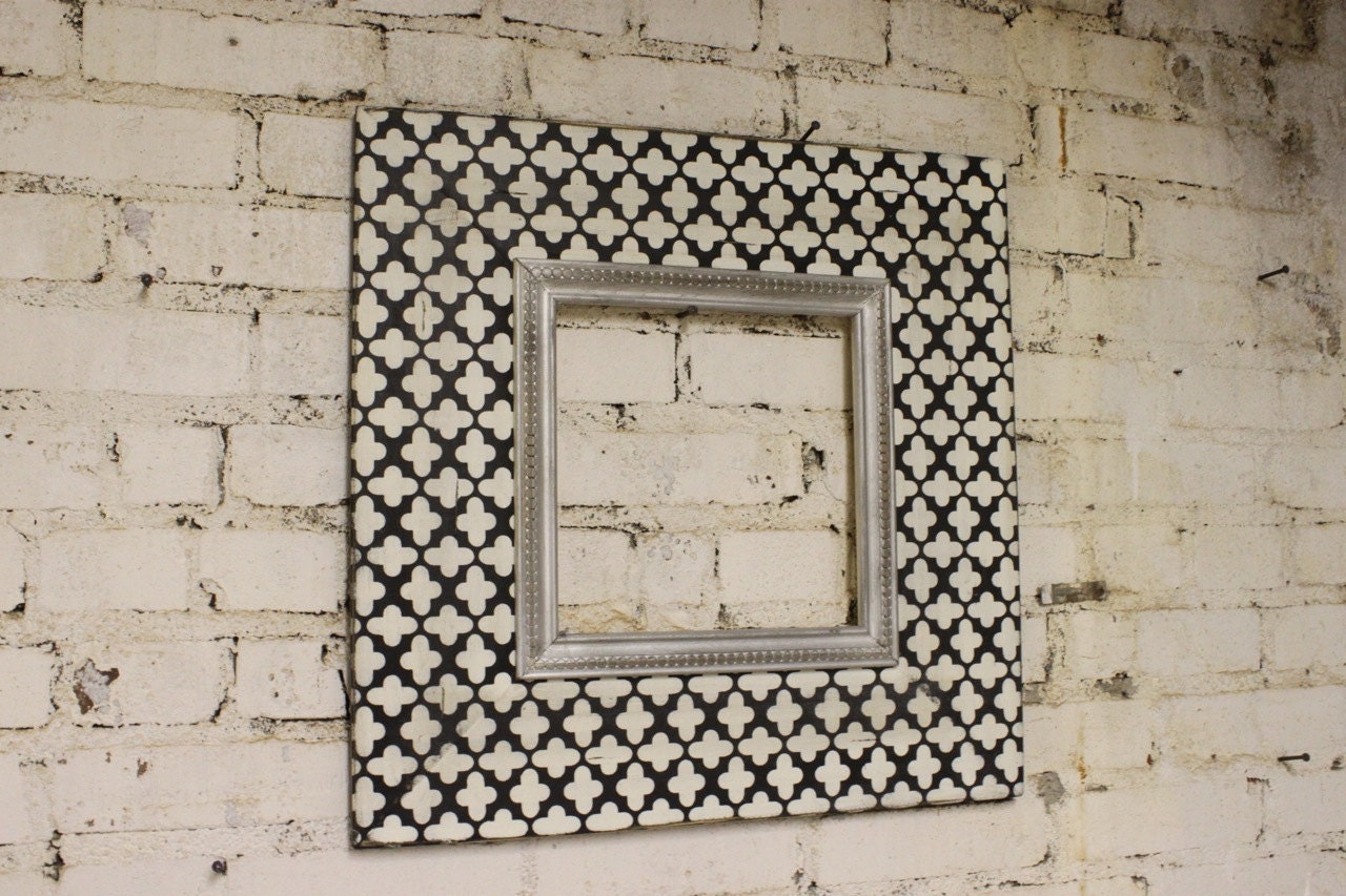 Mod Clover Distressed Wood Picture Frame Vintage White and Black with Silver Trim 10x10 Opening