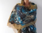 Nuno felted scarf  - Brown Turquoise Tan galaxy