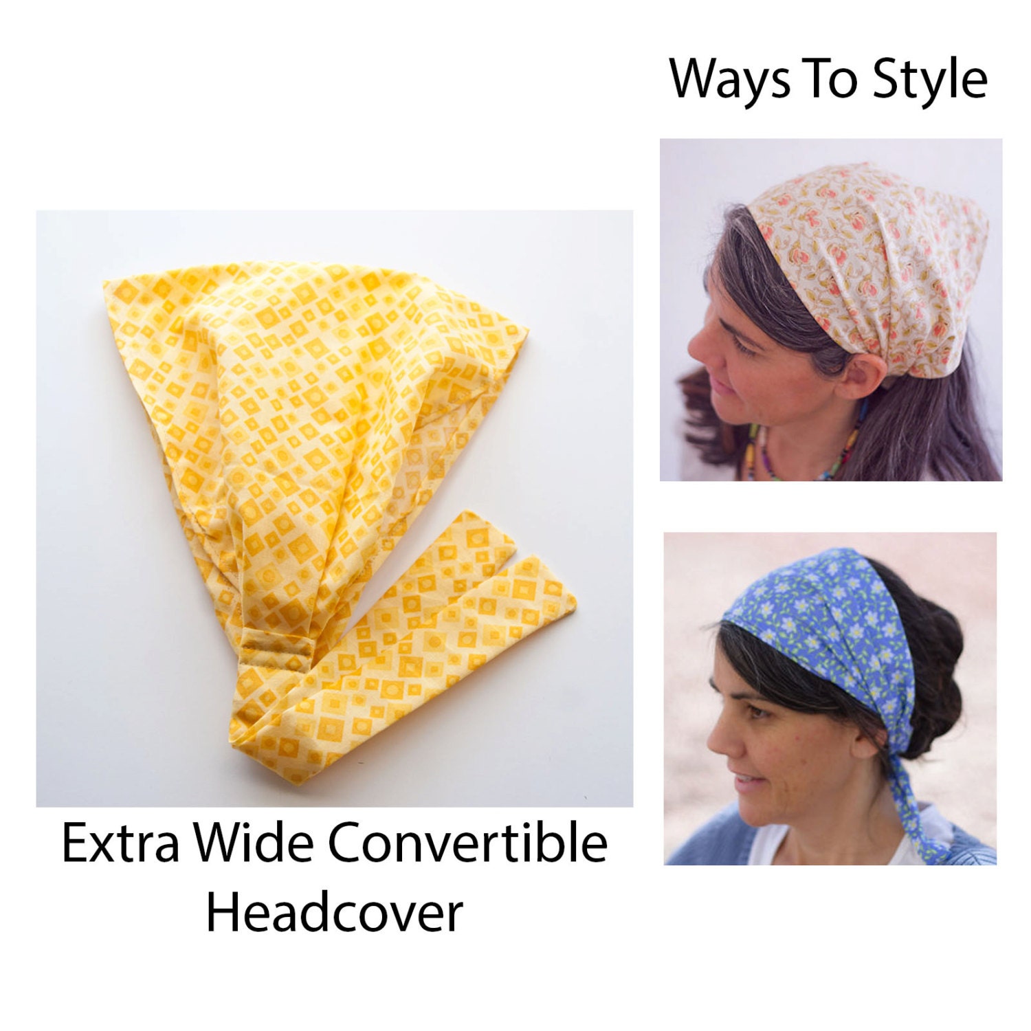 Convertible Headcover Boho Headband  Bohemian  Head Wrap Hair Scarf Headcovering -- Yellow  Headcovering Exta Wide Headband