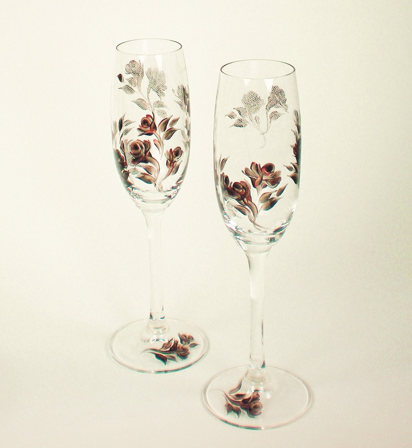 Hand Painted Champagne Toasting Glasses - Copper and Jet Black Roses Original Design, CRYSTAL Set of 2 - Bridesmaid Summer Wedding Flutes