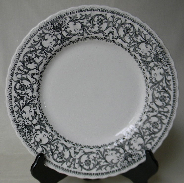 Black and White Ironstone Transferware Plate with Scrolls Leaves and Vines Border