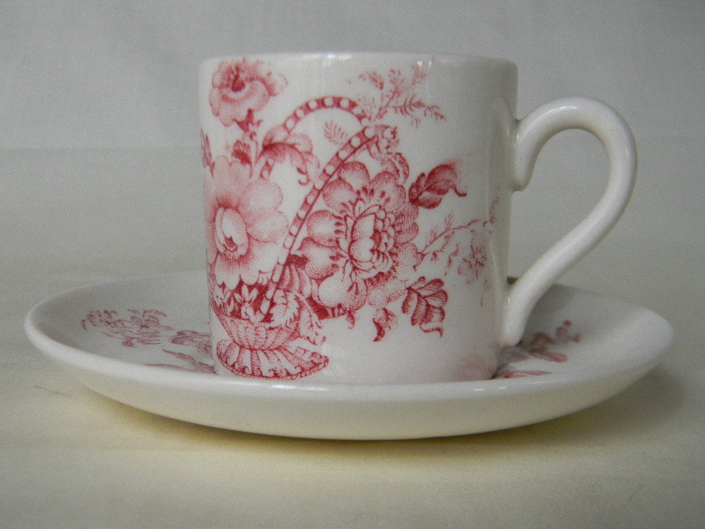 Vintage Red Transferware Demitasse Cup and Saucer Basket of Flowers  Charlotte Staffordshire