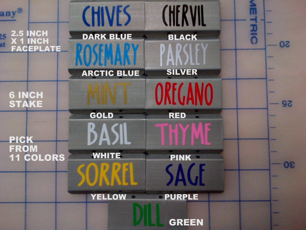 10 Custom Metal Herb Garden Marker Stakes. Pick from 11 colors.