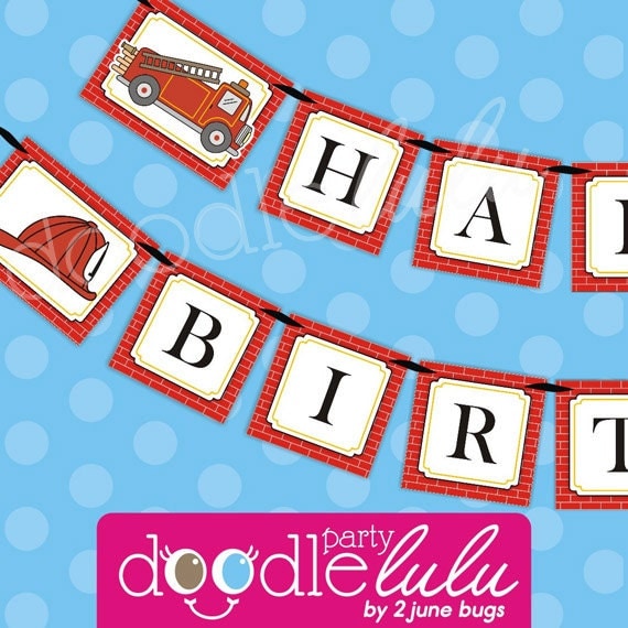 DIY Printable Fire Truck Engine Fireman Happy Birthday BANNER from DOODLELULU by 2 june bugs Il_570xn