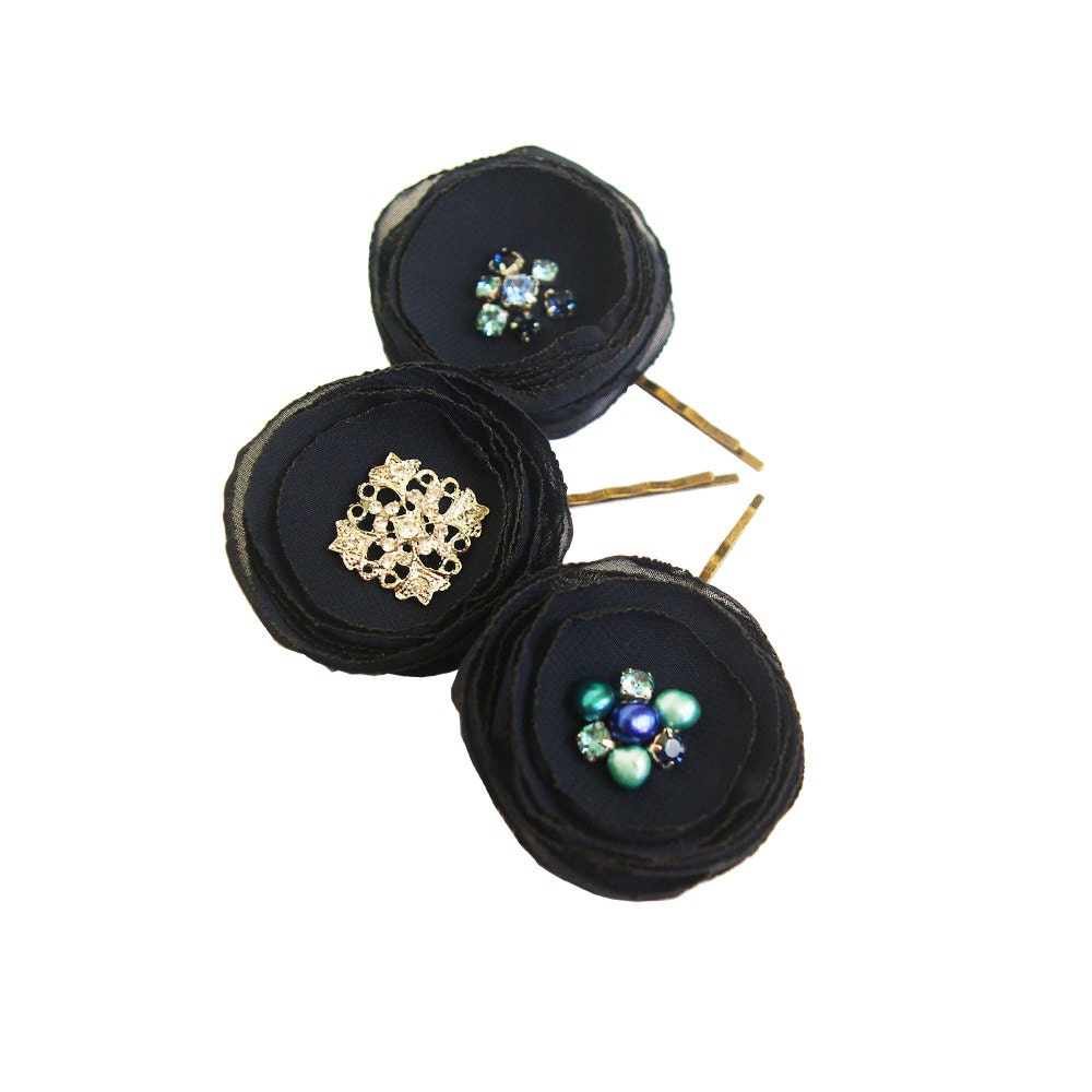 Dark Navy Blue and Turquoise Pearls and Crystal Bridal Hair Flowers. 3 Bridal Hair Flowers