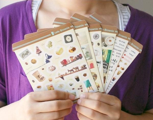 Cafe Brownie photo and calligraphy  vintage style stickers set