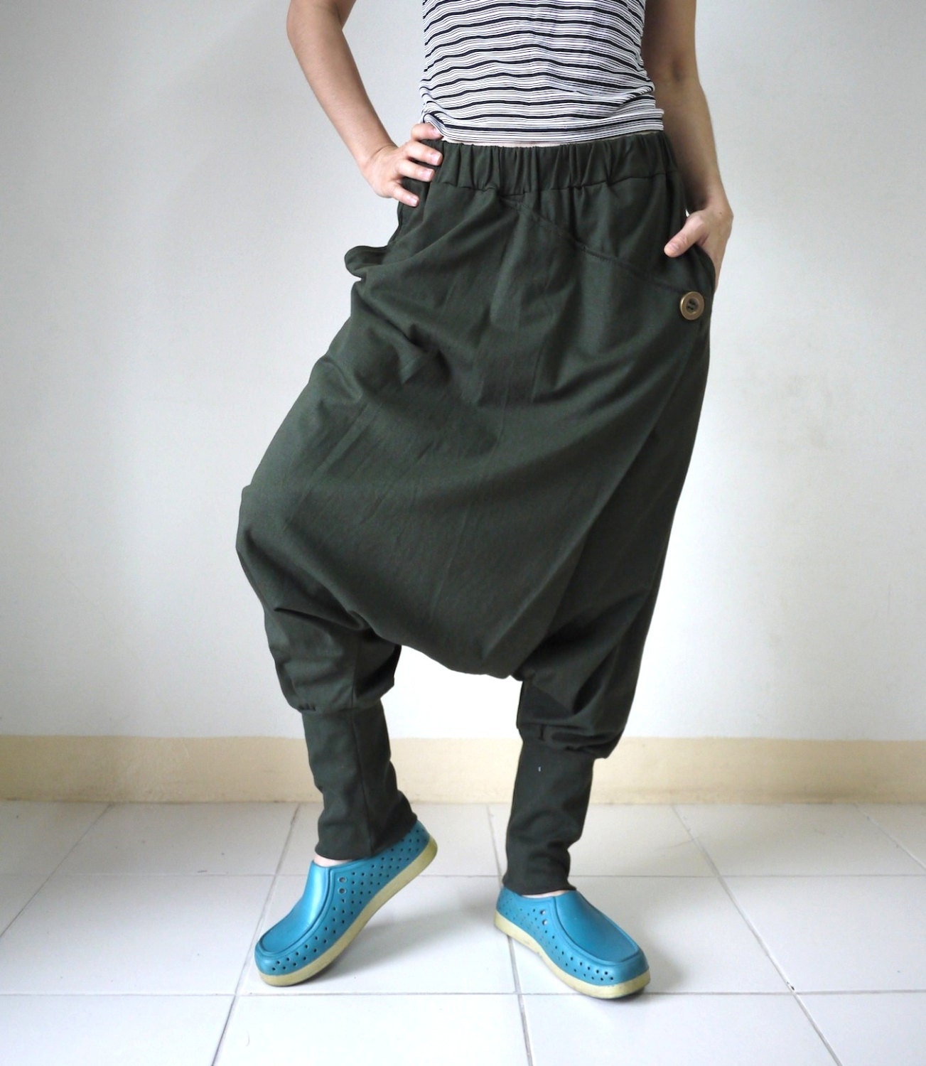 Women Men Pants - Drop Crotch Dark Green Stretch Cotton Pants With 2 Side Pockets And Elastic Waist Band