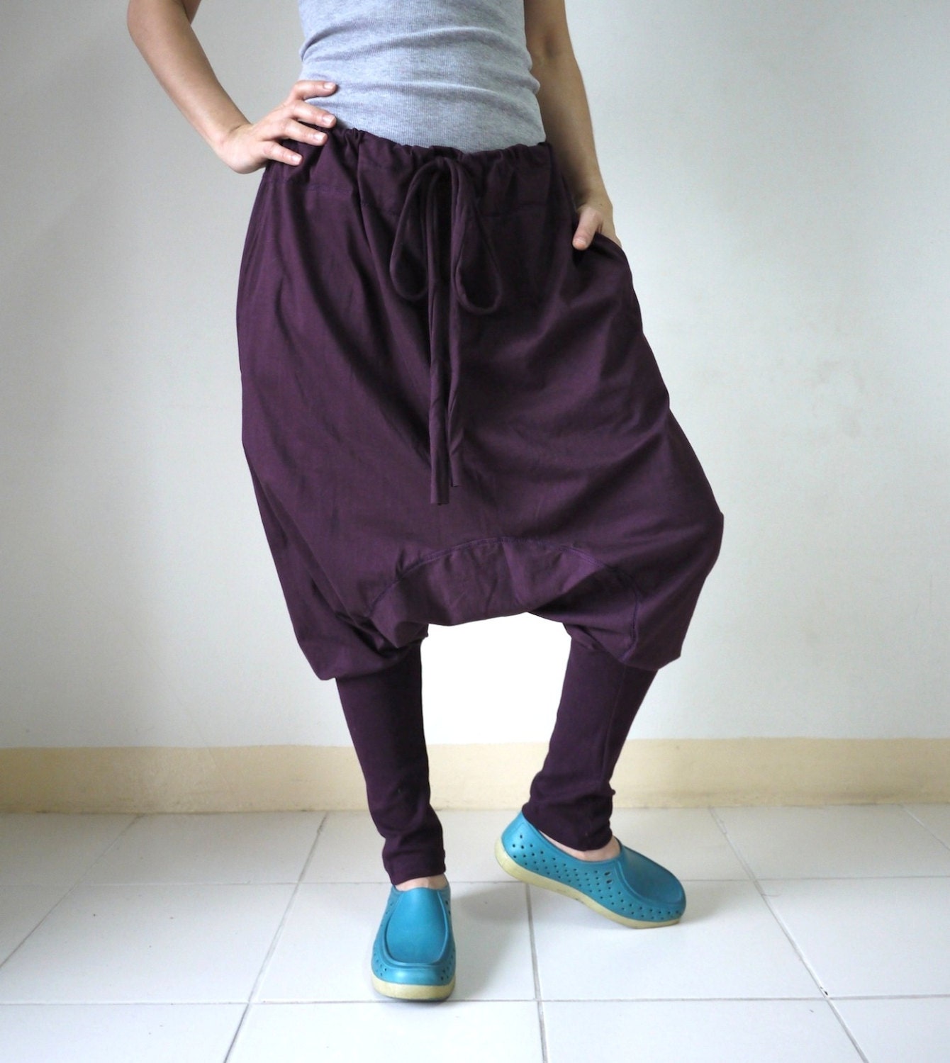 Dark purple Stretch Cotton Stretch Cotton Funky Drop Crotch Harem Ninja Yoga Unisex Pants Trousers With Adjustable Drawstring Waist