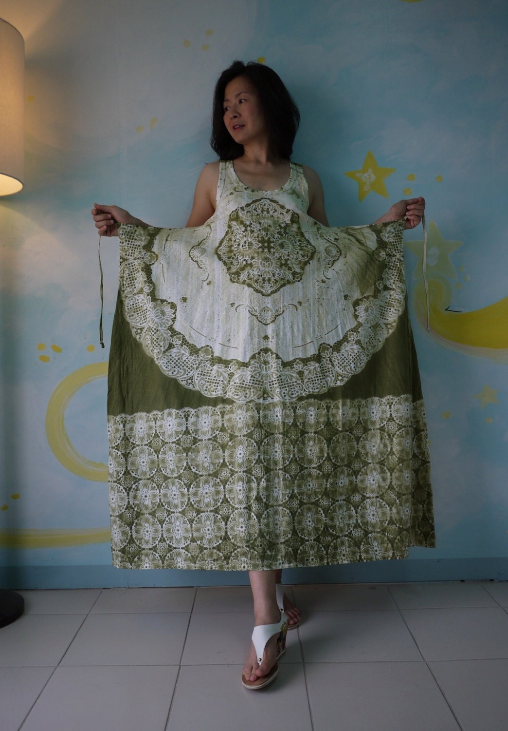 Sleeveless Scoop Neck Wrap Green Printed Stretch Cotton Maxi Dress Women Pullover Sun Dress Beach Cover Dress