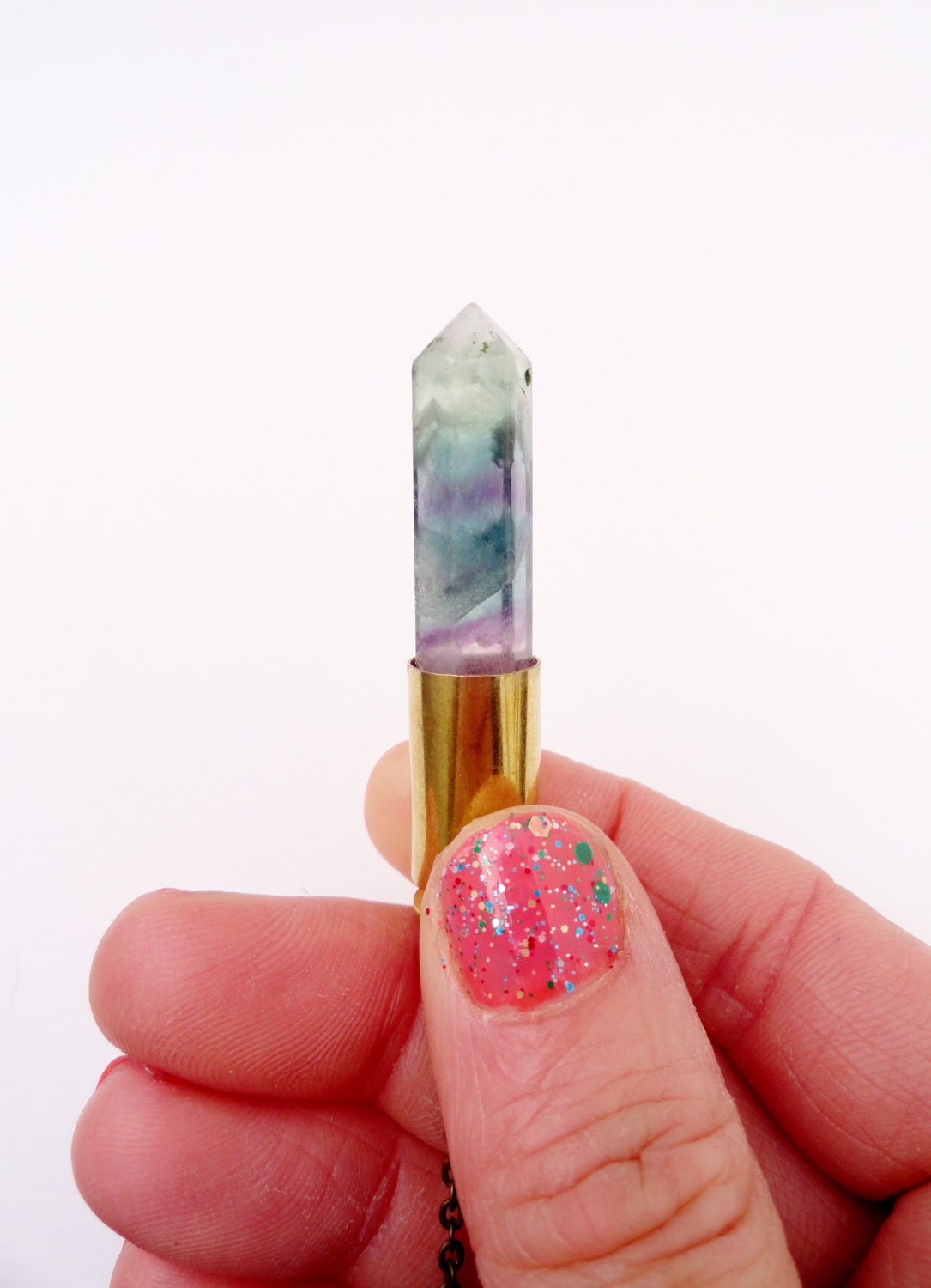 30% OFF COUPON SALE - Fluorite Bullet Pendant on Brass Chain