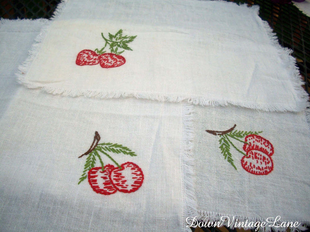 3 Vintage Embroidered Napkins or Doilies Cherries and Strawberries