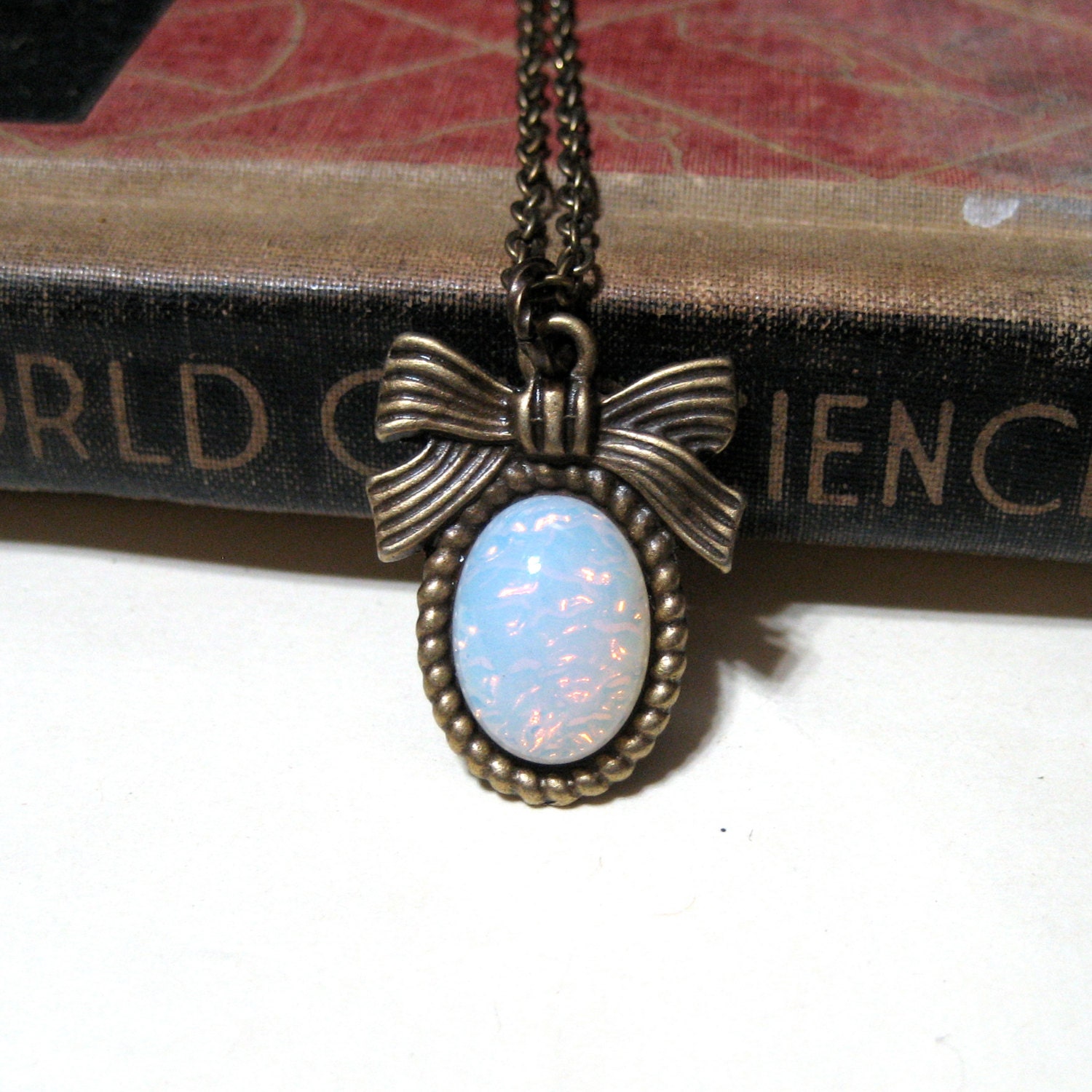 Antiqued Brass Bow and Pink Harlequin Opal Necklace - Antiqued Brass - Feminine Delicate Petite