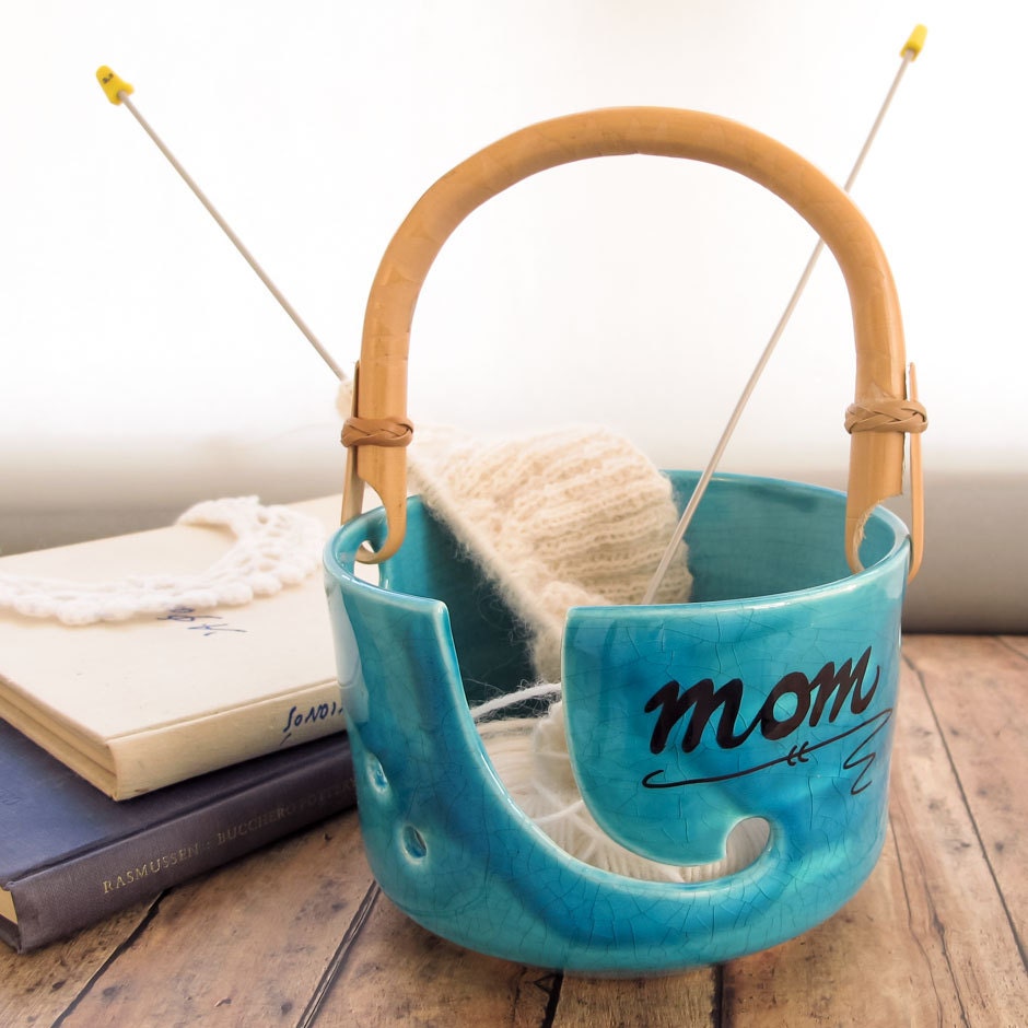 Personalized Ceramic ANY NAME Yarn bowl, Custom Name, Knitting Bowl Handle Turquoise POTTERY porcelain stoneware modern