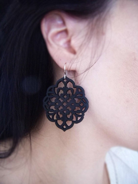 Carved/Cut Wood Earrings - Wood Earrings - Moroccan Delight - Matte Black
