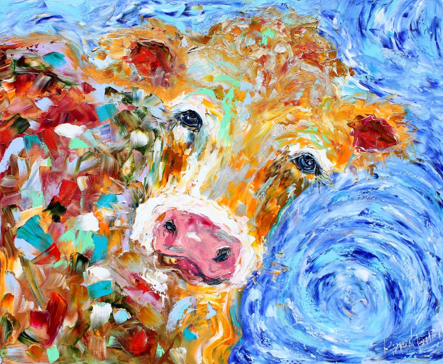 Original oil painting Cow Portrait animal palette knife on canvas impasto impressionism fine art by Karen Tarlton