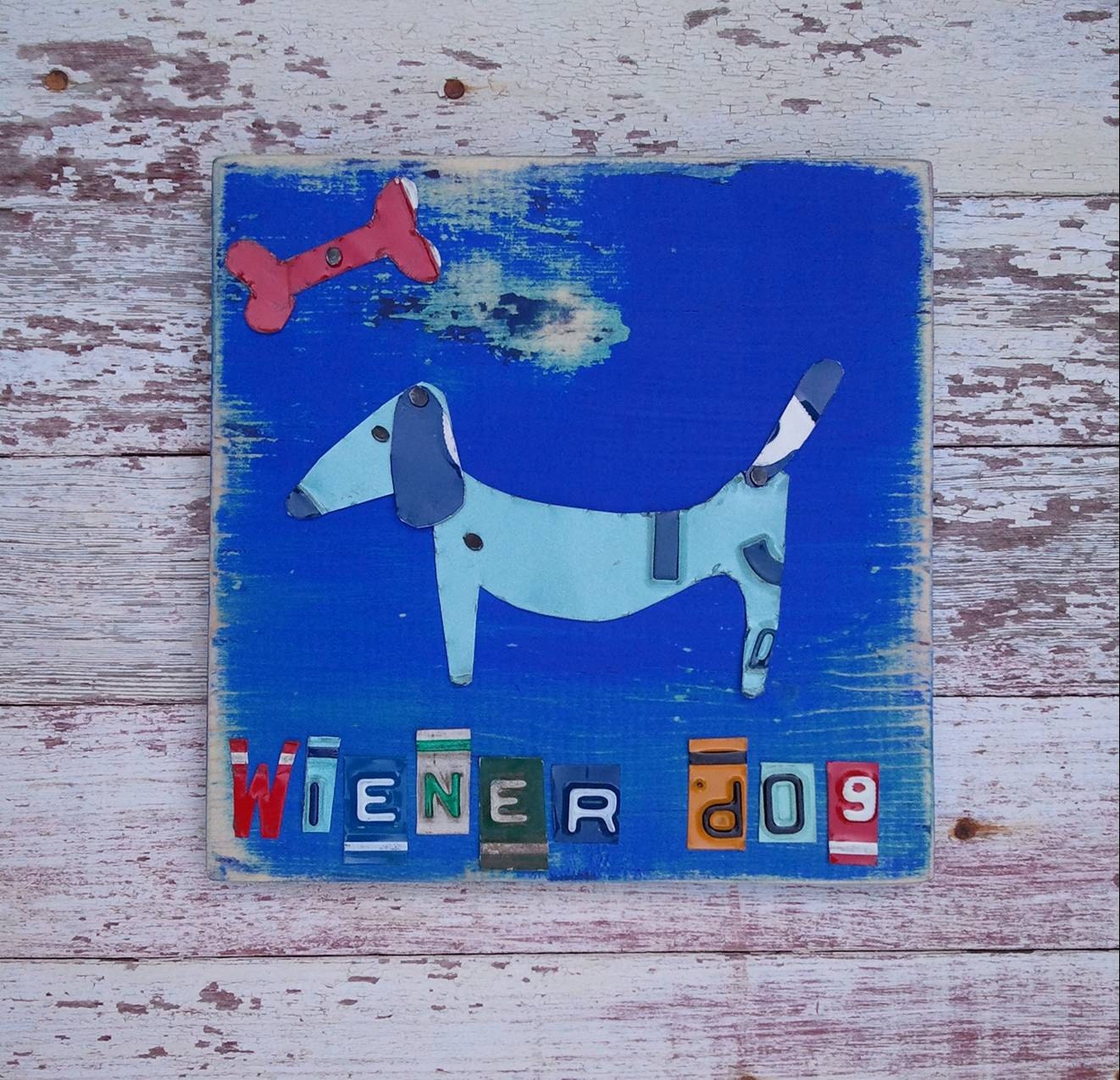 Funky Wiener Weiner Dog Light Blue on Bright Blue with Red Bone Woof Nursery Boy Toddler Animal Custom License Plate Art Recycled States