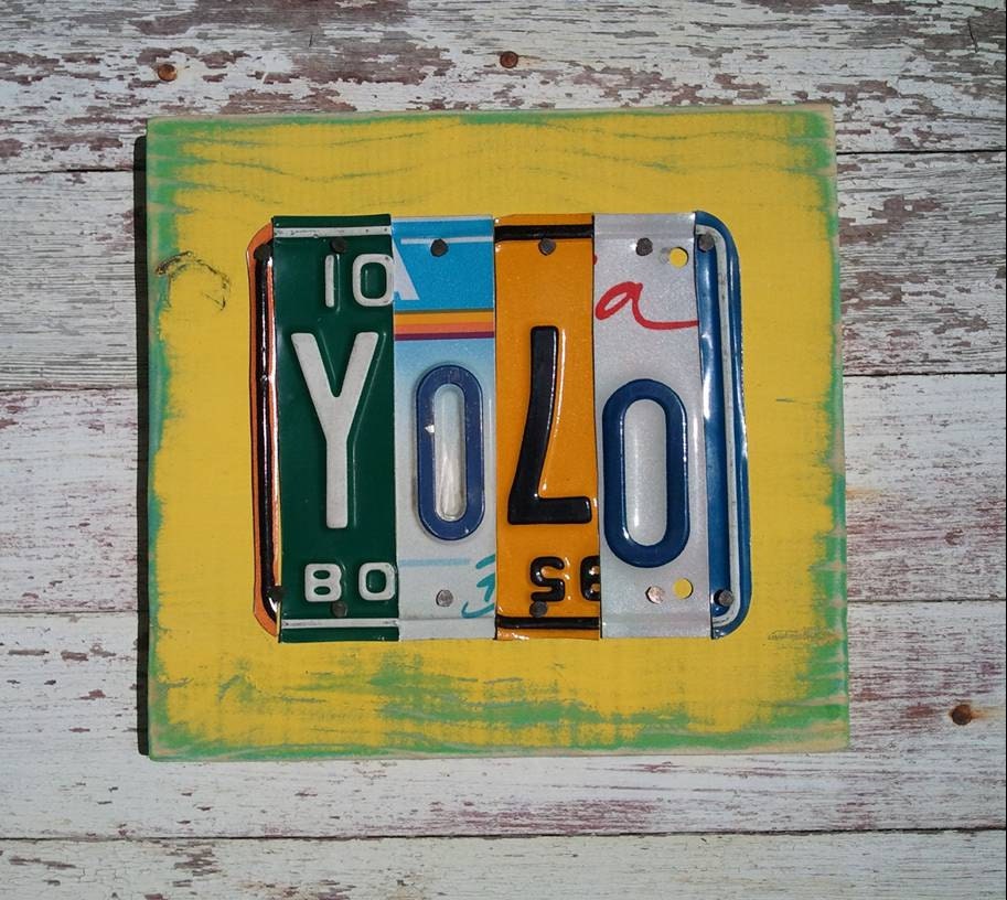 YOLO Yellow Blue Orange Aqua Surfer Beach Wedding Word Block Sign Custom Funky States License Plate Art Recycled