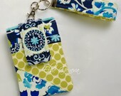 Navy Blue Floral Tea Garden &  Olive Dots Phone Case with Wristlet Includes 2 Outside Pockets