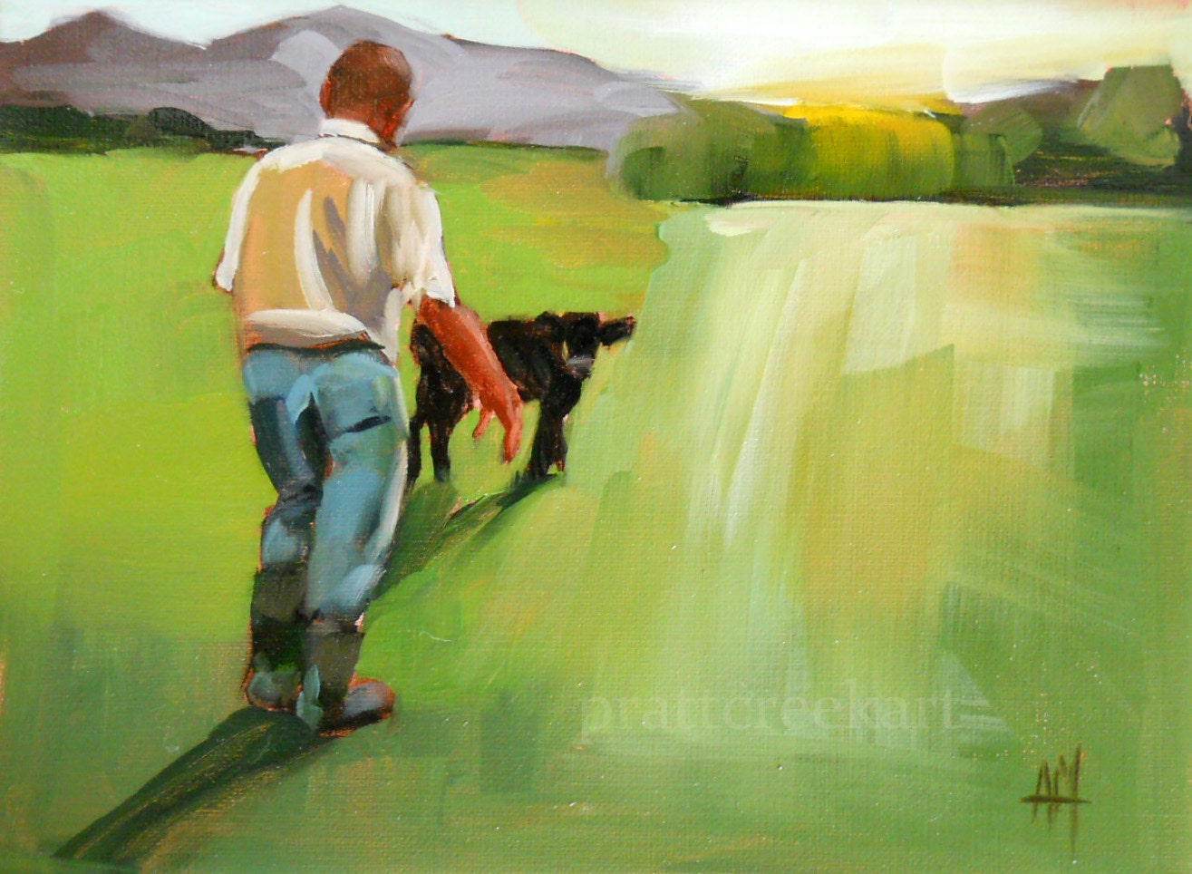 the lost calf original oil painting of baby cow, landscape, figurative, farm oil painting on linen by moulton 6 x 8 inches prattcreekart