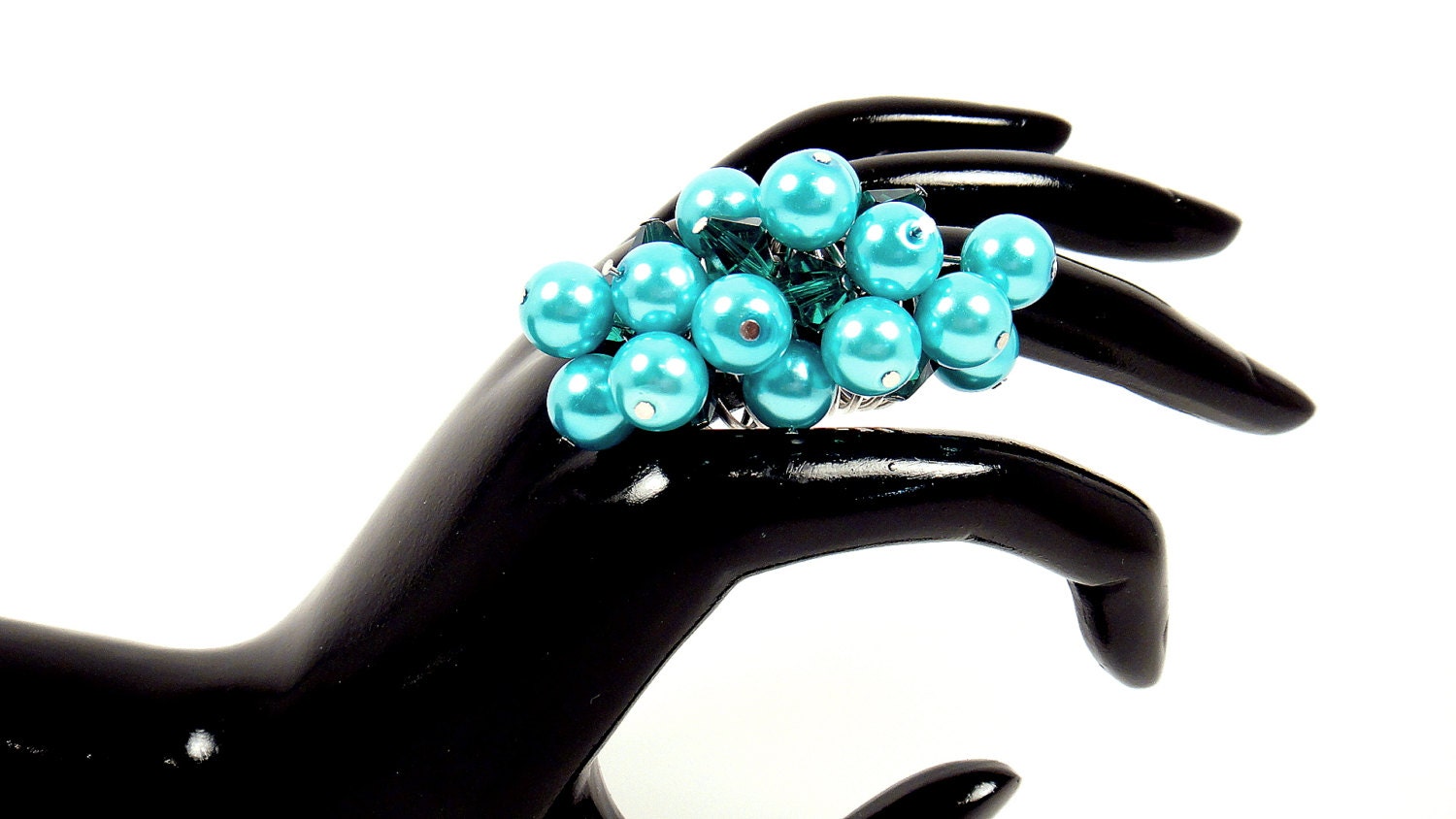 Teal Cocktail Ring, Two Tone Beaded Ring, Teal Cluster Ring, Faux Pearl Ring