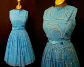 Lovely 1950's turquoise chiffon new look party dress with matching belt pin up girl spring rockabilly - size Small to Medium