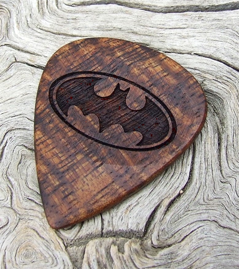 Hawaiian Koa Wood Guitar Pick - Handmade Laser Engraved Premium Wood Pick - Batman Tribute