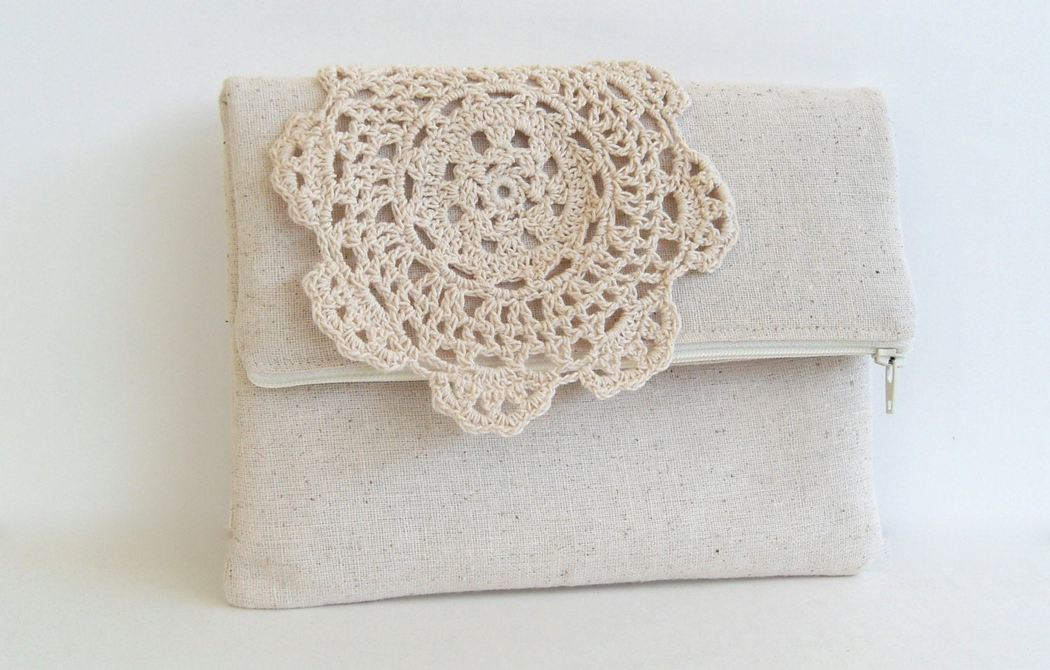 Burlap and lace wedding clutch,  rustic natural wedding purse, fabric flower beige zipper clutch