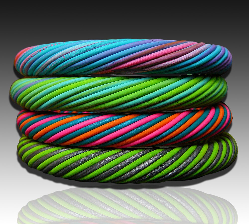 Rainbow set of 3 polymer clay bangle bracelets