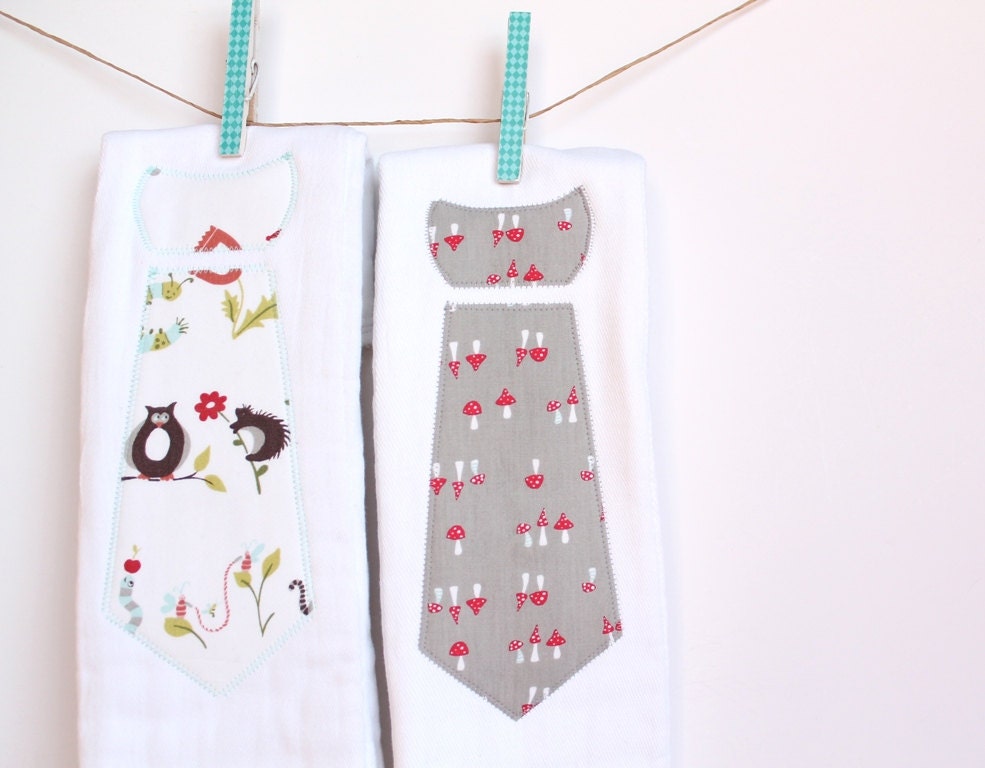 Baby Burp Cloths with Necktie in Forest Animals Alphabet Print and Mushrooms, Set of 2 Baby Boy Burp Cloths in Organic Multi-colored Print
