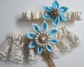 Bridal Wedding Garters, Ivory Satin Garters, Ivory Lace Garters, Pearled/Beaded Lace Garters, Heirloom Garter, Kanzashi Flower